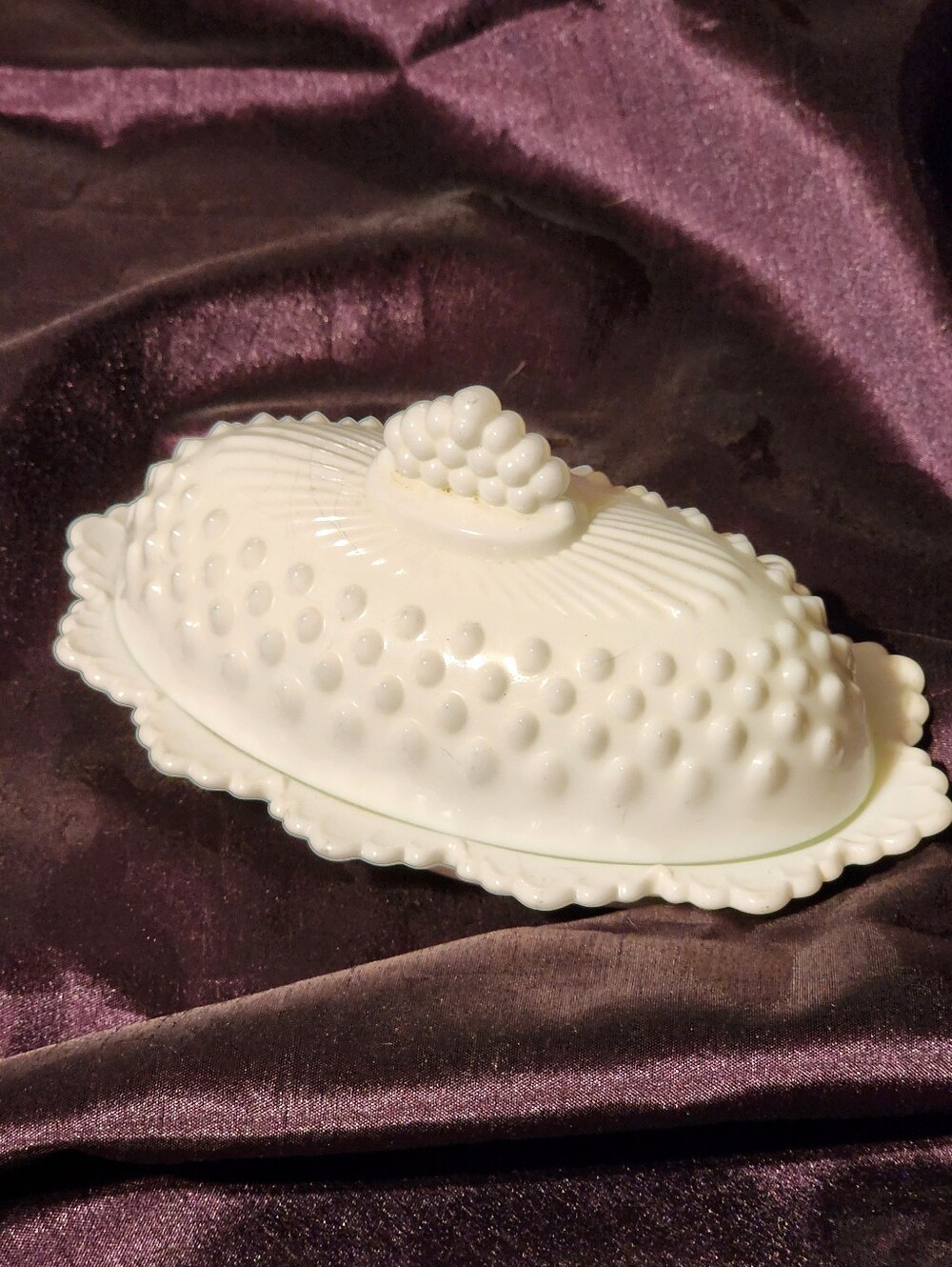 Vintage Fenton Hobnail White Milk Glass Oval Covered Butter Dish Scalloped Edge